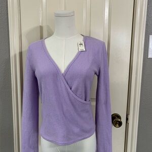 Aerie Women's Waffle Knit Long Sleeve Deep V Purple Crop Top Size Medium NWT